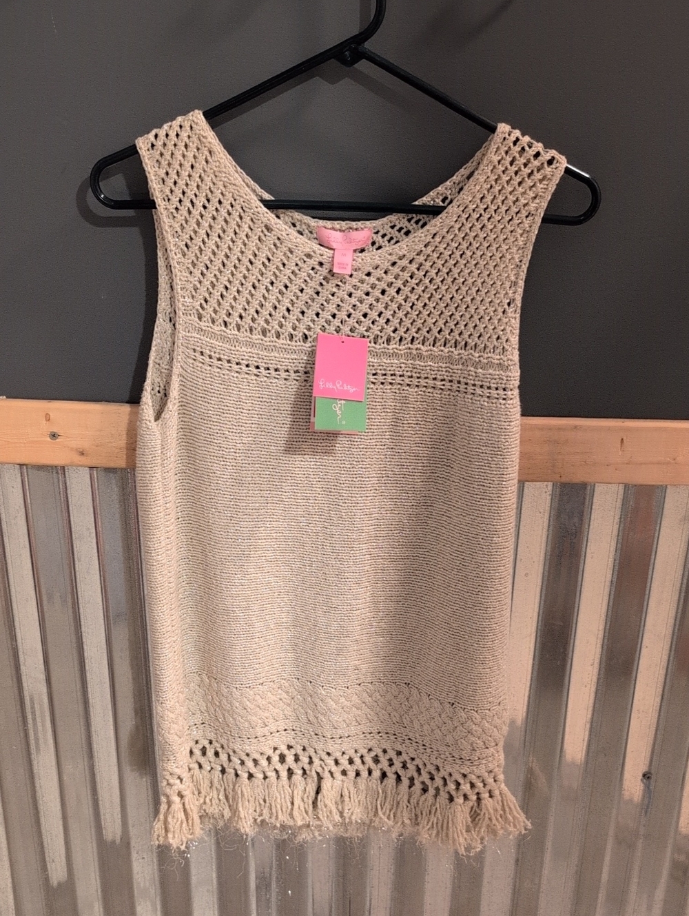 Lilly Pulitzer Beige Open Knit Fringe Tank